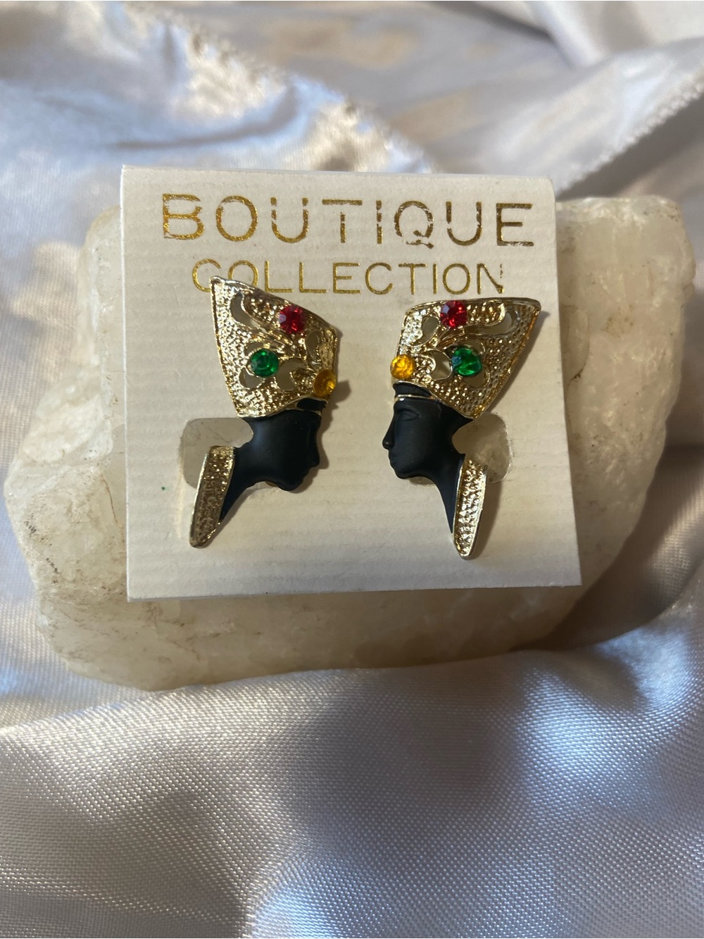 Egyptian Nefertiti Black and Gold Profile Clip On Earrings with Red, Green,